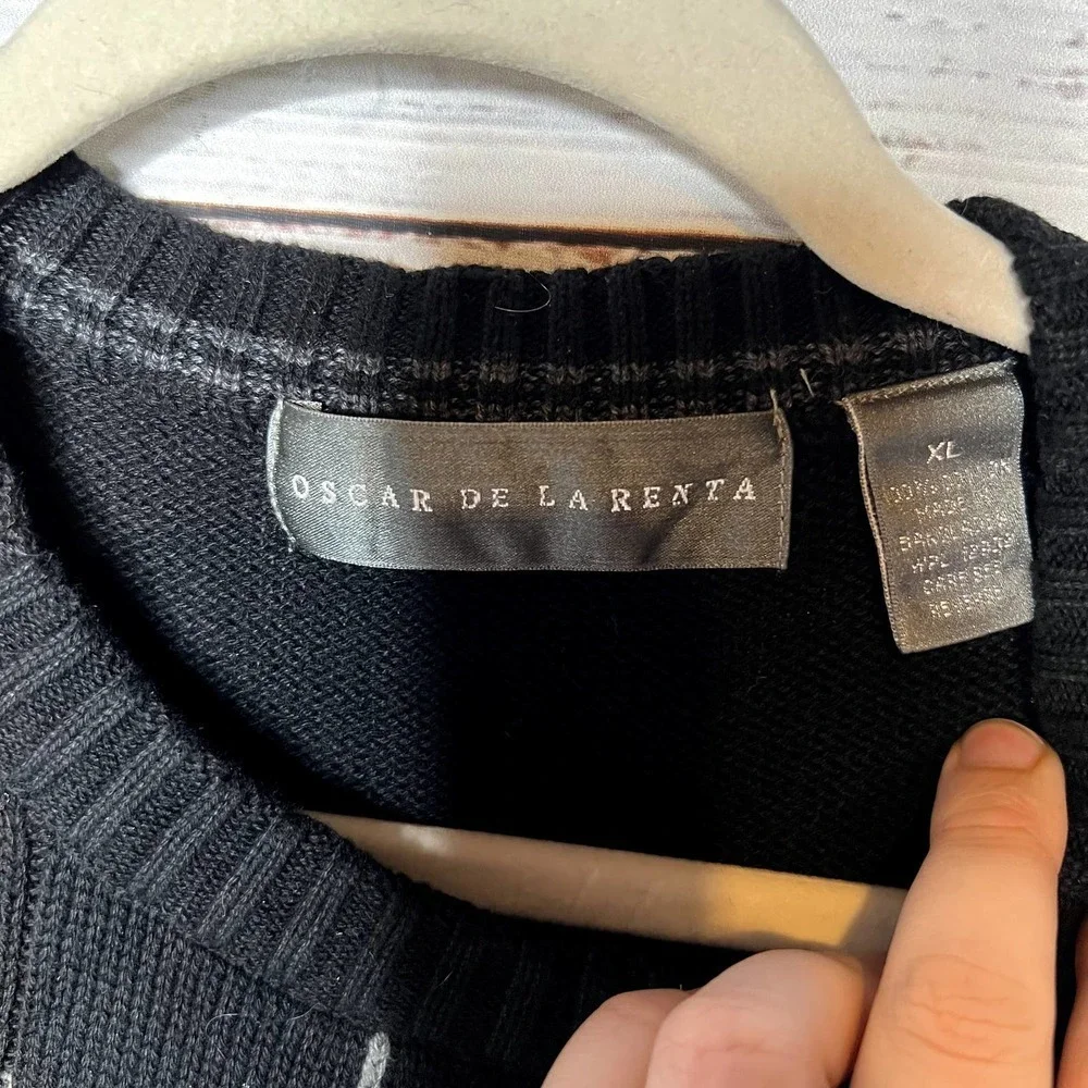 Oscar De La Renta Black Window Pane Sweater Cotton XL